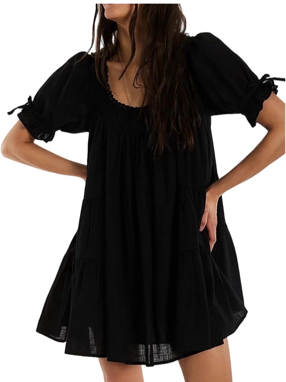 Foidiccx Womens Loose Cotton Ruffle Eyelet Babydoll Puff Sleeve Mini Dress